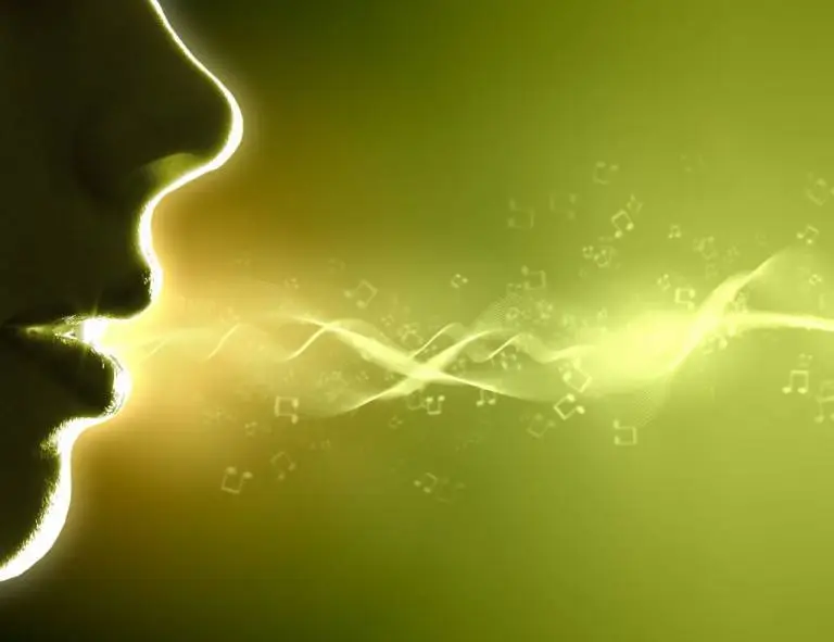 Illustration of a person singing, with golden sound waves representing vocal sound healing.